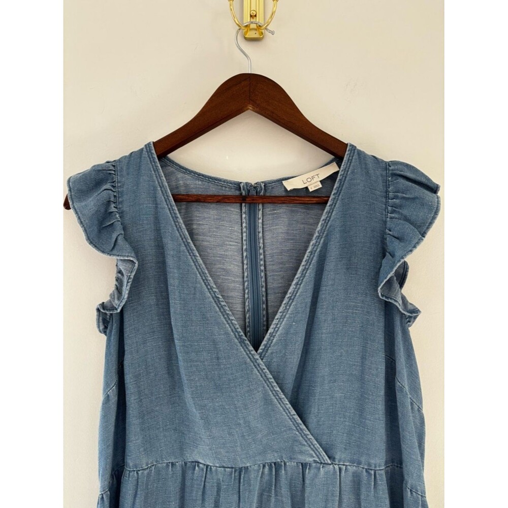 LOFT Chambray Ruffle Sleeve Dress | Soft Girl Casual Denim Mini - Picture 4 of 9